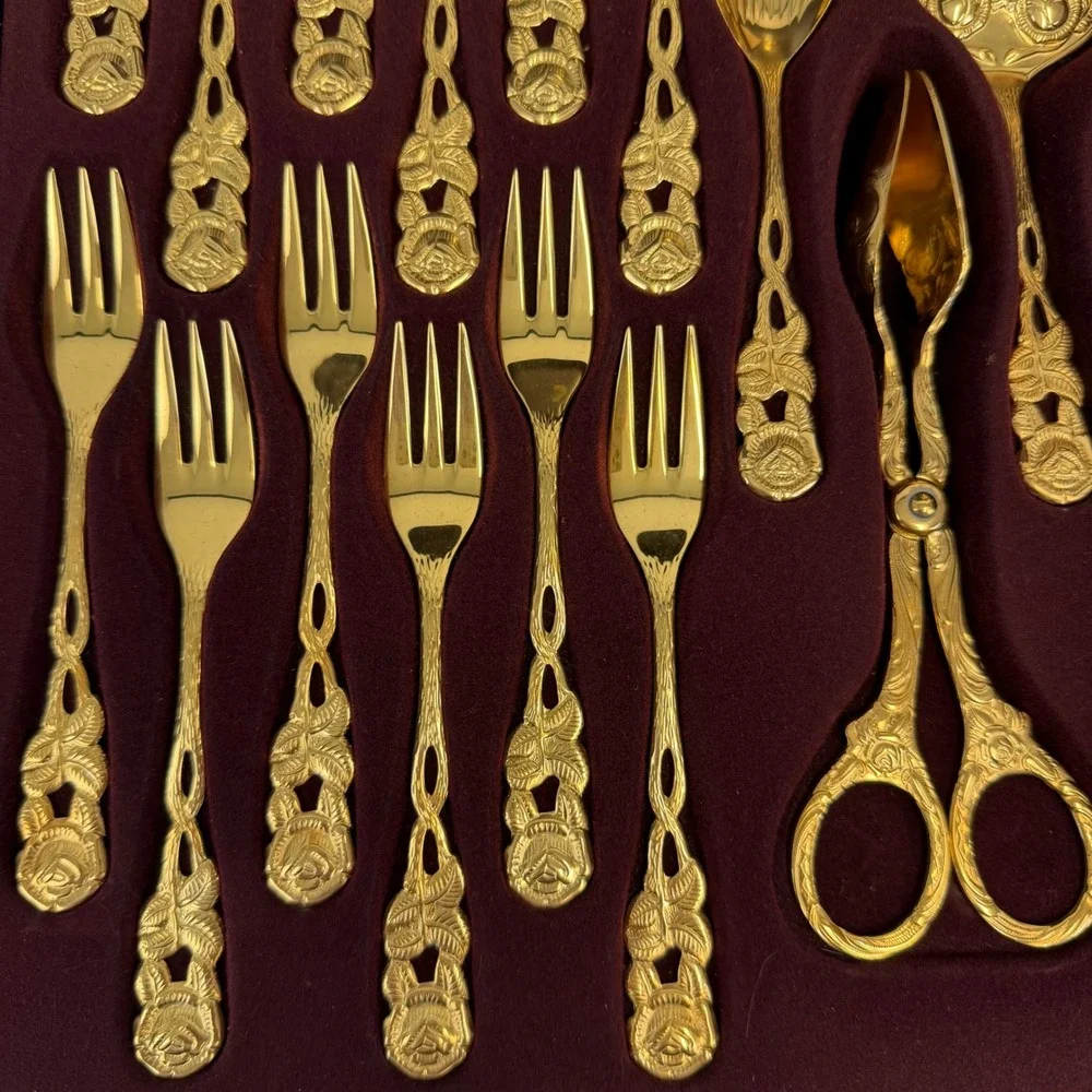 Solingen 23/24K Gold Plated Hostess Flatware Set 28pc Rose Pattern West Germany